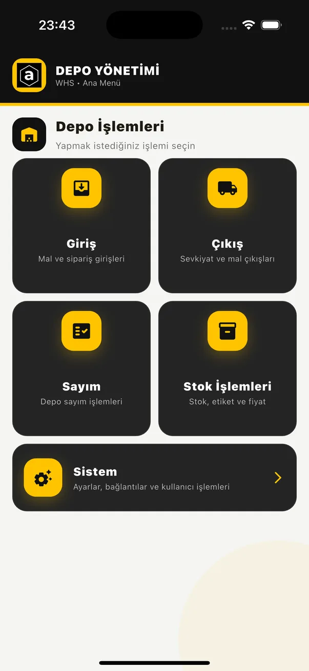 Armix Mobile Depo Yönetimi ekranı: giriş, çıkış, sayım, stok işlemleri ve sistem